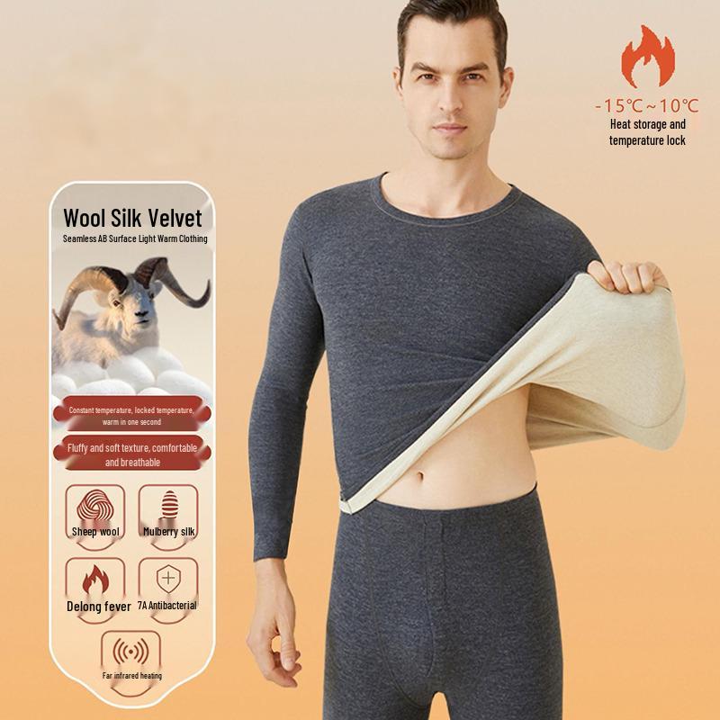 Men's Wool Extra Thick Thermal Underwear Set - Cold Protection, Plus Size, Loose Fit, Plus Velvet, Trendy Autumn Collection