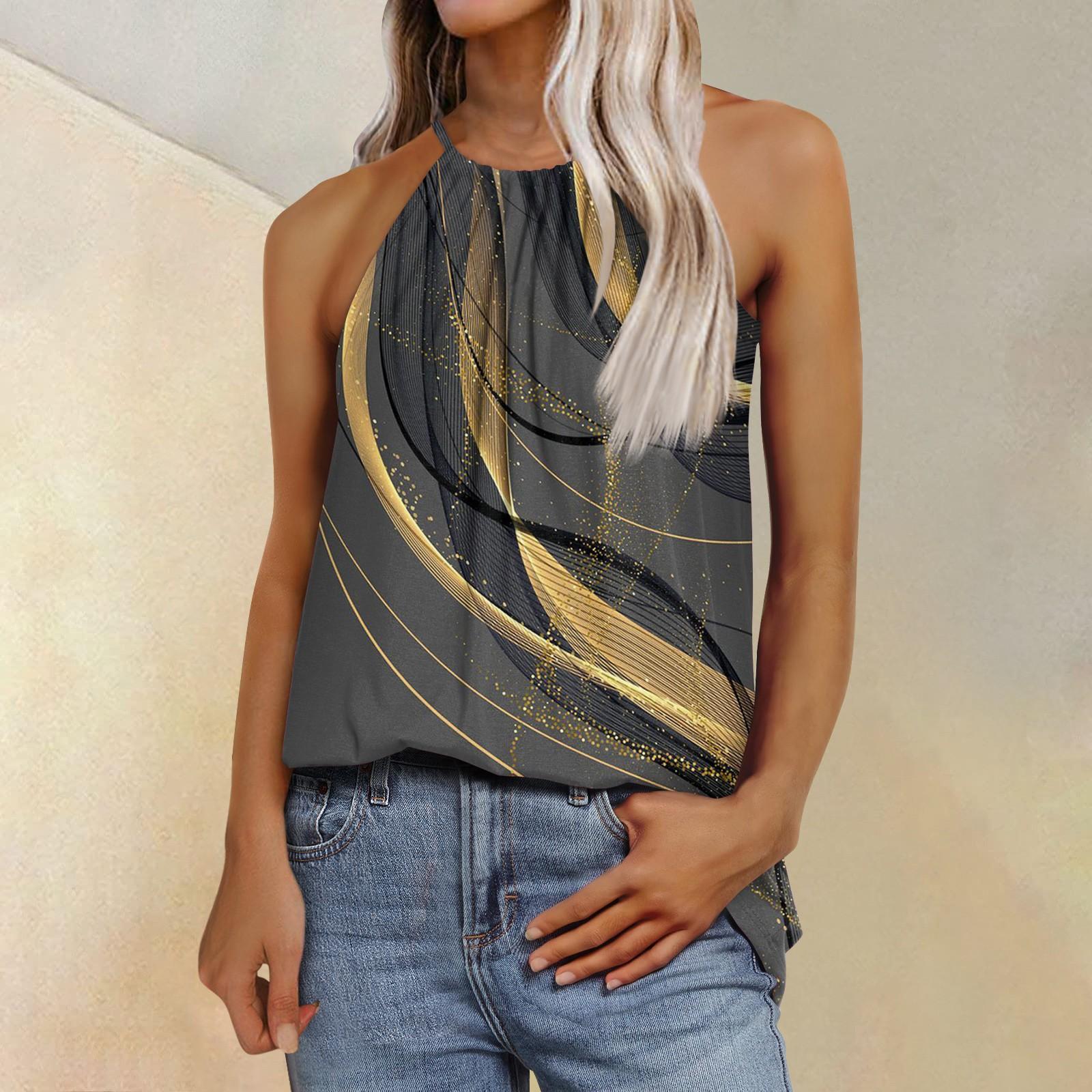 

Женская модная повседневная футболка с регулируемыми бретелями без рукавов и принтом, топ M золотой