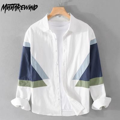 2024 Nowa Moda Biała Koszula Męska Streetwear Młodzieżowa Casualowa Koszula z Długim Rękawem z Czystej Bawełny Wzór ze Szwami Męskie Topy Wiosenna Luźna Koszula