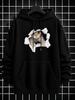 Unisex Hoodie, Halloween, Broken Paper Cat Print, Pullover Sweatshirt, Casual Streetwear, Autumn Winter Daily Wear, Front Kangaroo Pocket with Drawstr