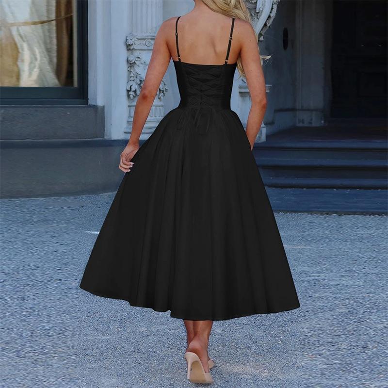 2026 Summer New Women's Clothing, Cross-border European and American Dresses, Fashionable and Elegant Solid Color Pleated Suspender Skirts, Long Skirt