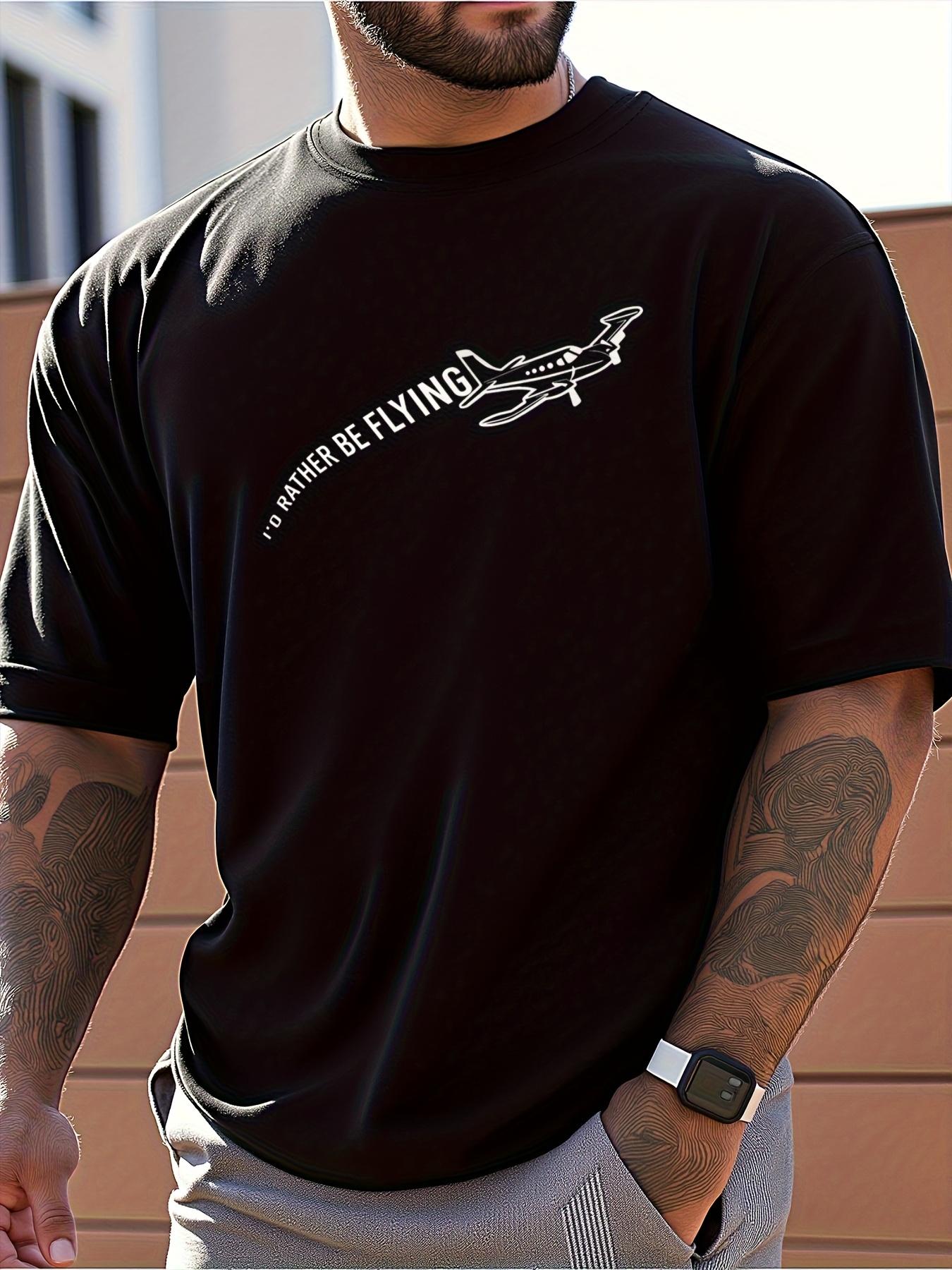 Black Casual Short Sleeve T-shirt with Airplane Print - Become a Flyer Design S