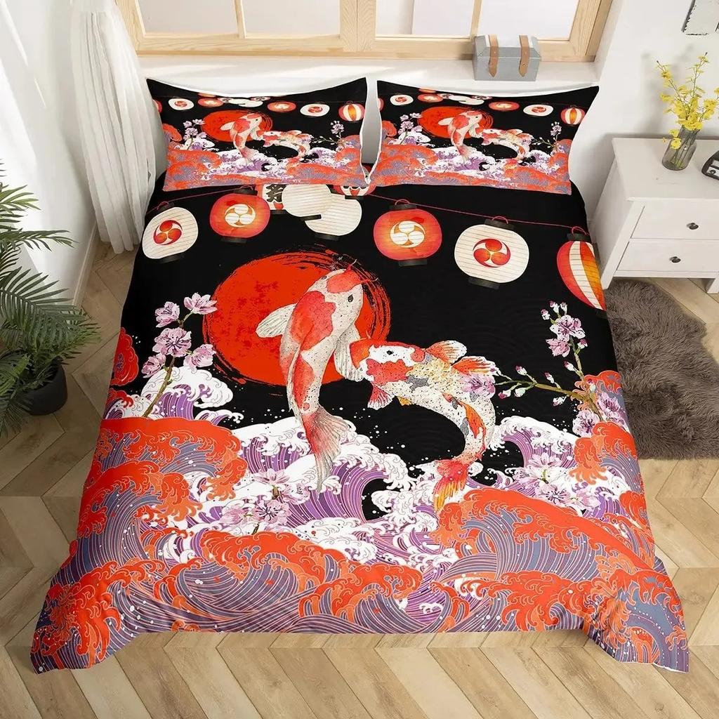 Koi Fish Duvet Cover Set Carp Tie Dye Bedding Sets Traditional Chinese Ink Art Bedspread Lotus Leaf Nature Quilt Cover Full Size