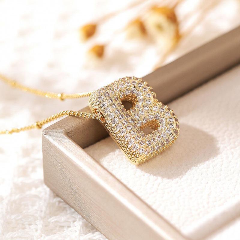 26-Letter Alphabet Pendant Necklace with Copper Clavicle Chain and Micro-Inlaid Zircon