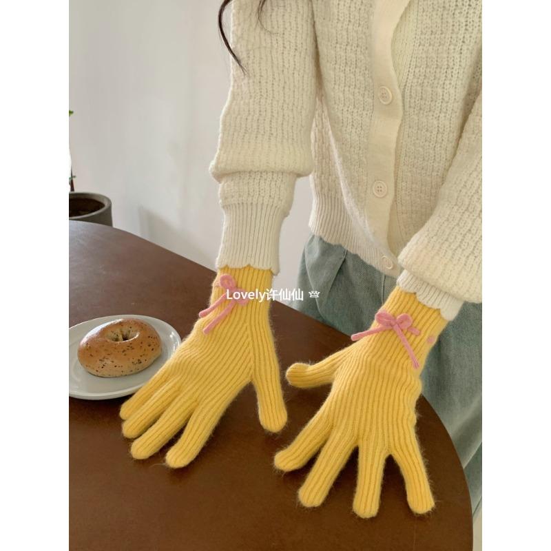 

Студенческие теплые перчатки для езды осенью и зимой, милые вязаные перчатки с бантом, женские студенческие перчатки с пальцами average size