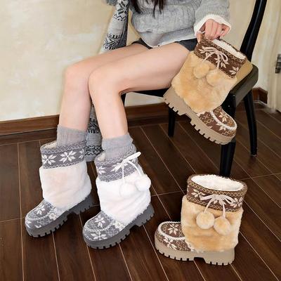 Fair Island Snow Boots Women's 2025 Winter New Fleece Thickened Snow Cotton Thick Bottom Warm Fluffy Boots