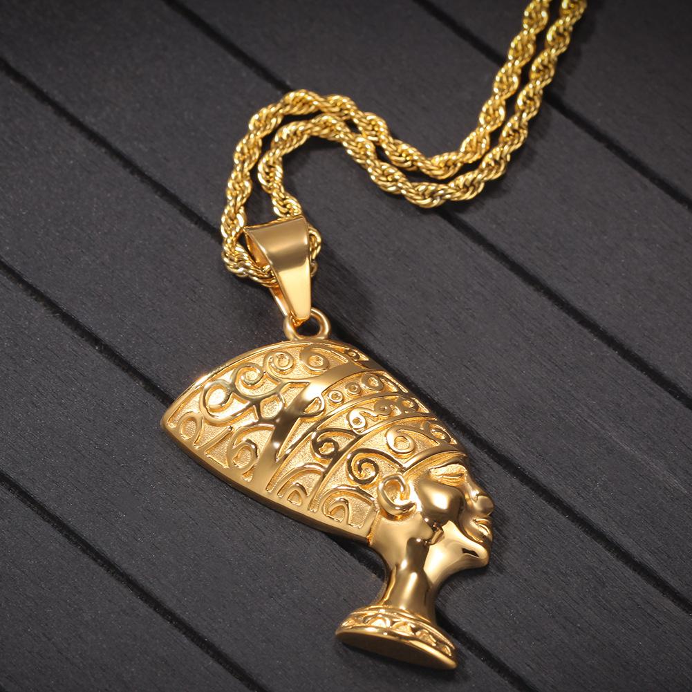 Trendy zlato černá s egyptským vzorem Přívěsek Kleopatra z nerezové oceli Studentský mužský a ženský oblíbený retro hip-hopový ornament