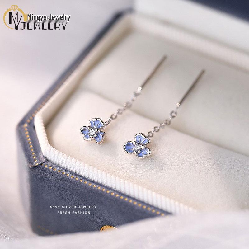 S999 Pure Silver Iris Ear Thread Earrings with Blue Zircon Flower Design