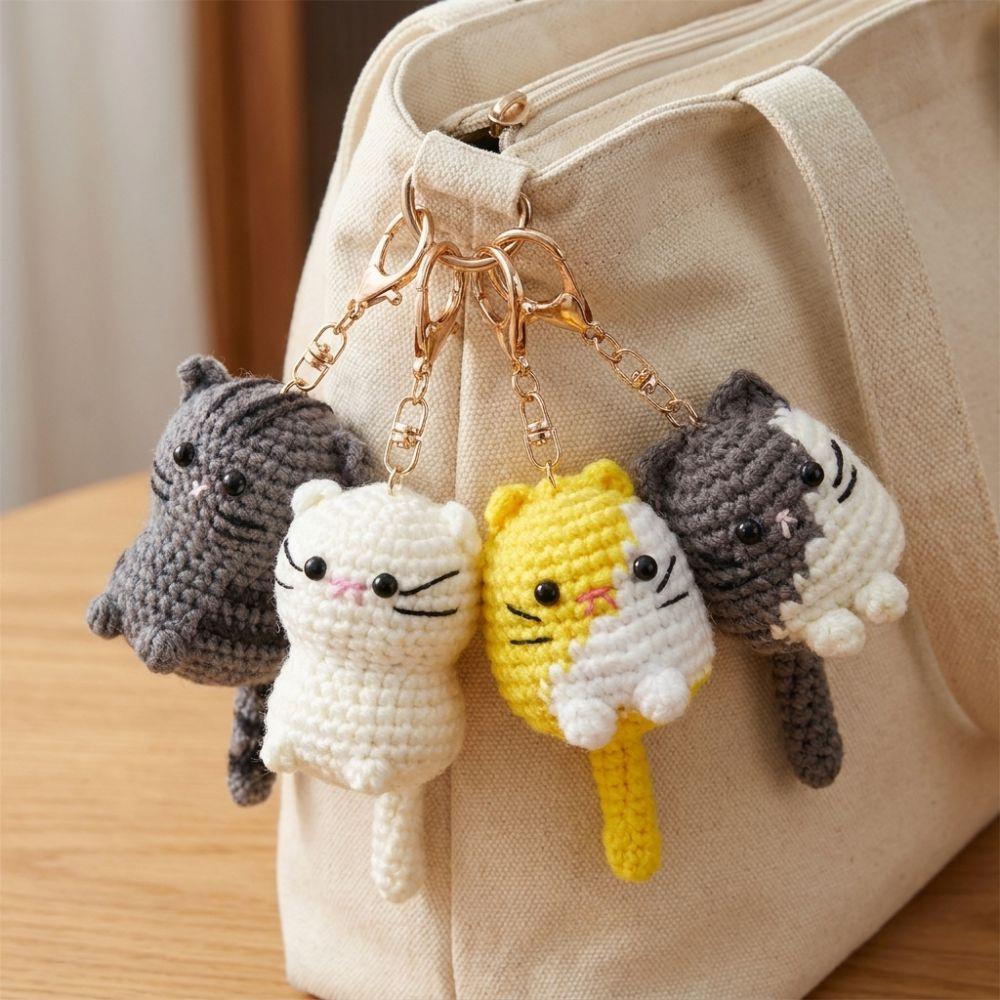 Handmade Crochet Cat Keychain Multi-color Cat Plush Keychain Cute Kitten Doll Keychain Gift Giving