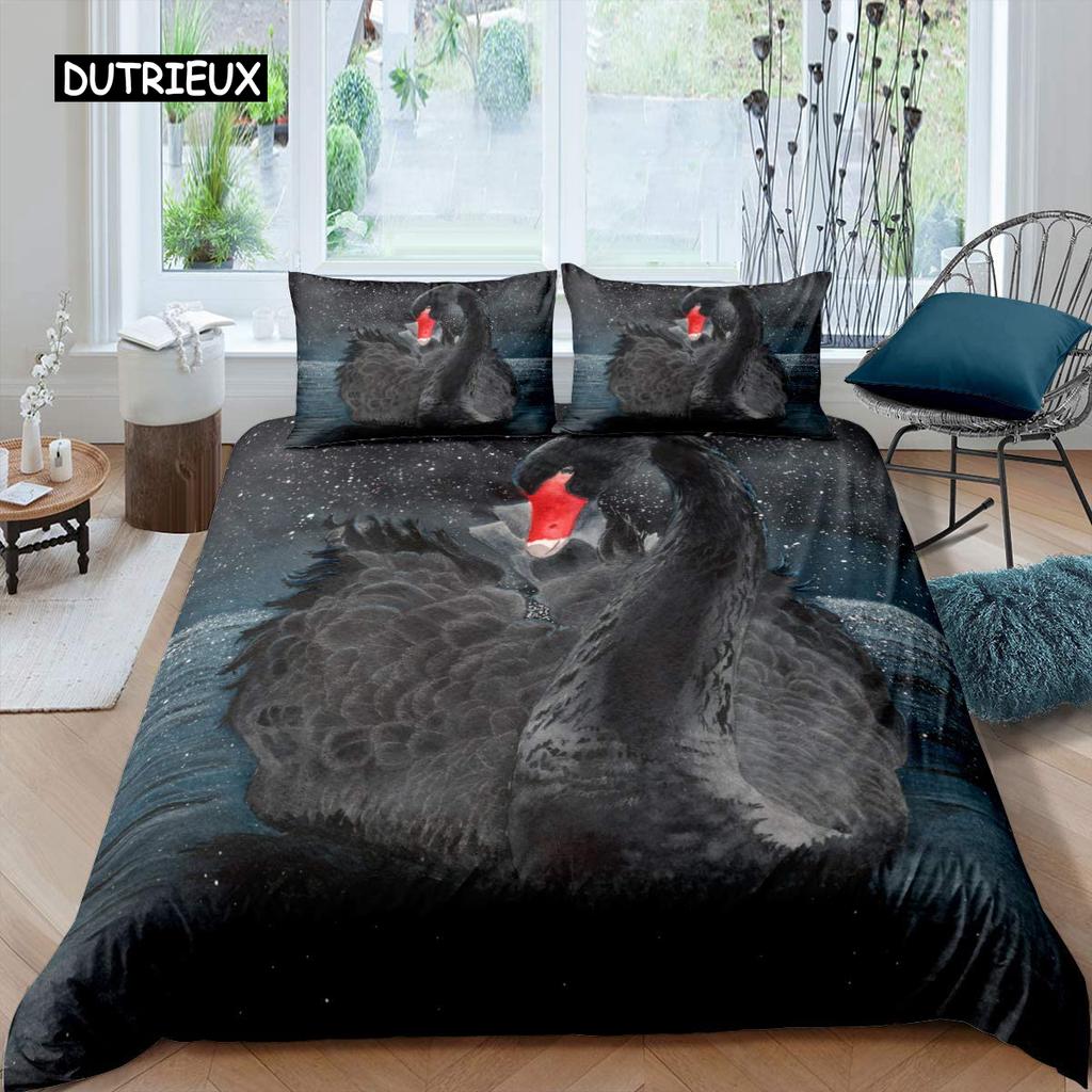 Swan Duvet Cover Black and White Swan Duvet Cover Queen Bird Comforter Cover Microfiber Romantic Flower Wild Animals Quilt Cover