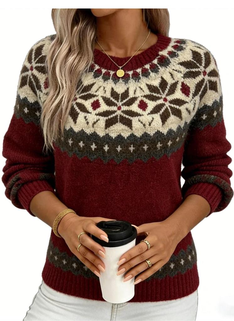Women's Christmas Jacquard Round Neck Sweater - Casual, Loose, Slimming Knitwear for Autumn and Winter
