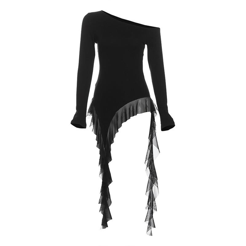 Off Shoulder Ruffles Tassel Long Sleeve T Shirt Women Sweet Streetwear Sweet Blouse Gentle Party Basic Top Slim Fit Black Tees Shirt Sexy New Shirt