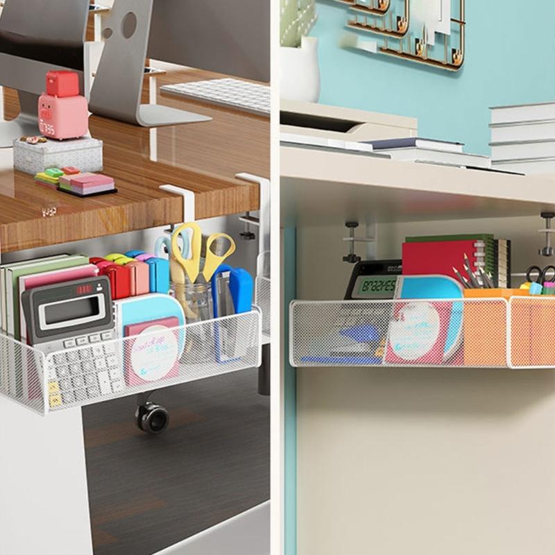 Space Saving Under Desk Basket Easy Install Under Desk Hanging Organization Basket Sturdy Carbon Steel Holder