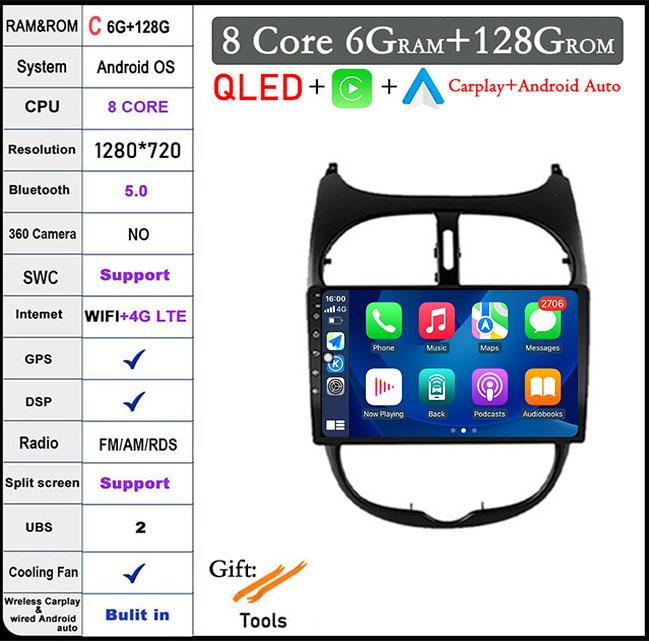 9'' For Peugeot 206 2001 - 2016 Screen/QLED Android 14 Car Radio Multimedia Video Player Navigation GPS 4GLTE 5G WIFI