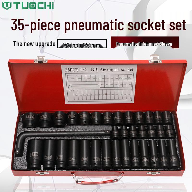 35-Piece Air-Powered 1/2" Socket Wrench Tool Set for Auto Repair.