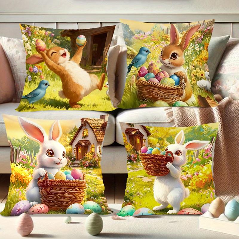 Easter Decoration Throw Pillow Covers Golden Spring Floral Bunny Eggs Holiday Decorative Pillowcases for Sofa Couch Home Decor