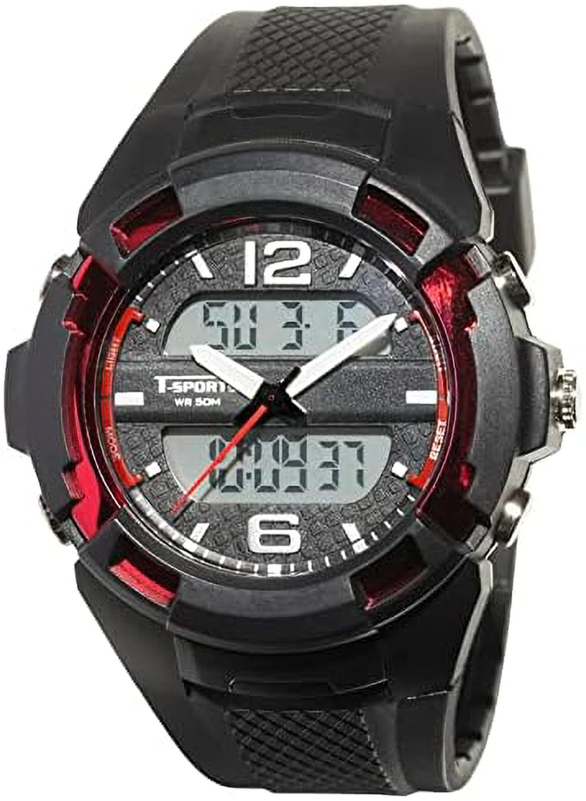 

[Clefa] Digital Ana Men s Watch Waterproof Stopwatch Urethane Belt Black TS-AD251-RD