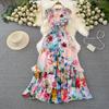 New 2024 Summer Gorgeous Flower Print Chiffon Holiday Long Dress Boho Women's Sexy Deep V Neck Sleeveless Ruffles Buttons Robe