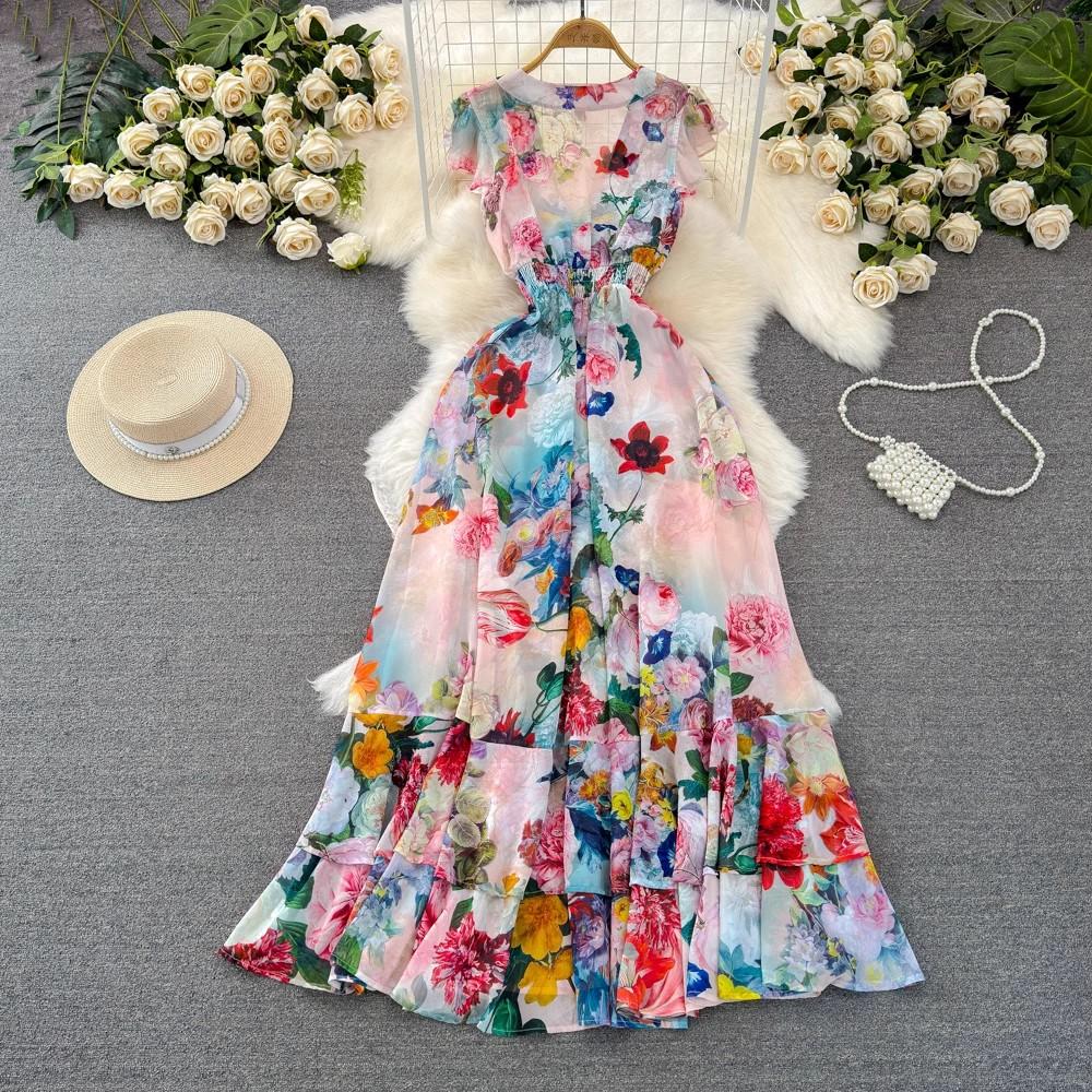 New 2024 Summer Gorgeous Flower Print Chiffon Holiday Long Dress Boho Women's Sexy Deep V Neck Sleeveless Ruffles Buttons Robe