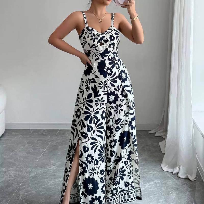 2025 Elegant Twist Print Spaghetti Strap Backless Jumpsuit with Wide Leg and Long Pants Skirt