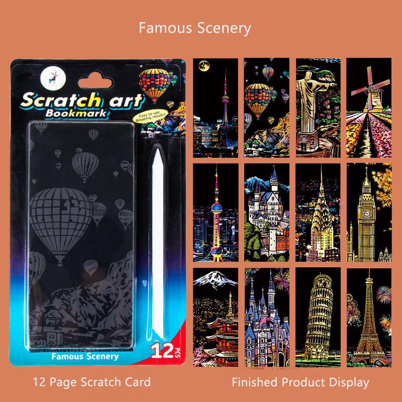 

12 Pcs/Set Diy Scratch Painting World Famous Architectural Night Scenery Scraping Painting Manual Scratch Drawing Toys