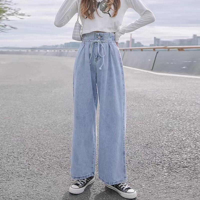 

Women s High-Waisted Wide-Leg Jeans with Bud Design – Versatile, Casual, Loose Fit, Floor-Length Pants Medium светло-синий