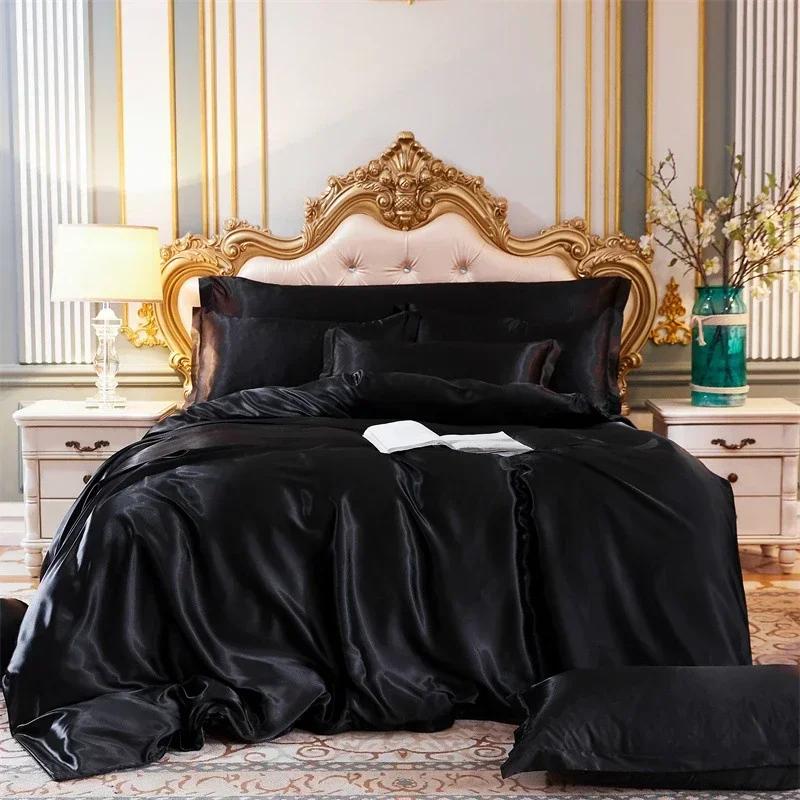 Hochwertiges Fleckenschutz-Bettwäsche-Set Doppelbett Imitation Seide Luxus-Bettwäsche-Set Queen Bequeme Seidige Deckenhülle Bettdeckenbezug-Set