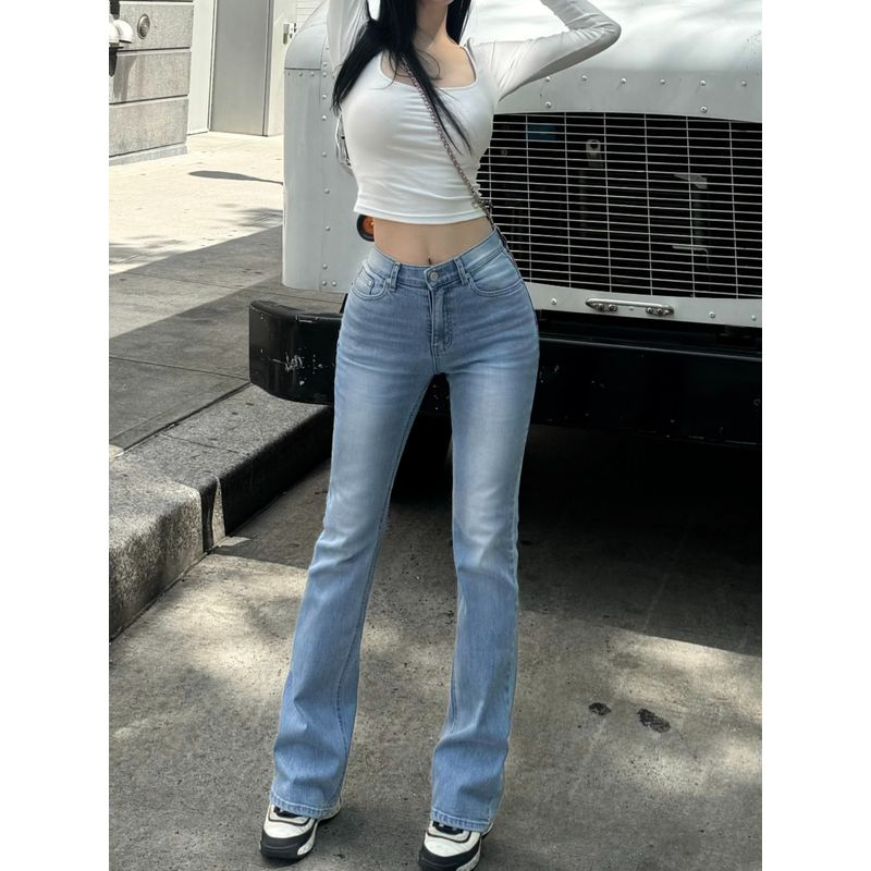 Spring and Autumn New Women Clothes Chic Padded Crotch Pants Slightly Flared Jeans Trousers Sheath High Waist Stretch Slimming Jeans