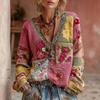 Vintage Floral Print Patchwork Top Long Sleeve V Neck Casual Womens Fashion