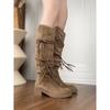 Cowhide Retro Wasteland Fringed Knight Boots Thick Heel But Knee Long Boots Thin Shoes Pile Medium Boots Women