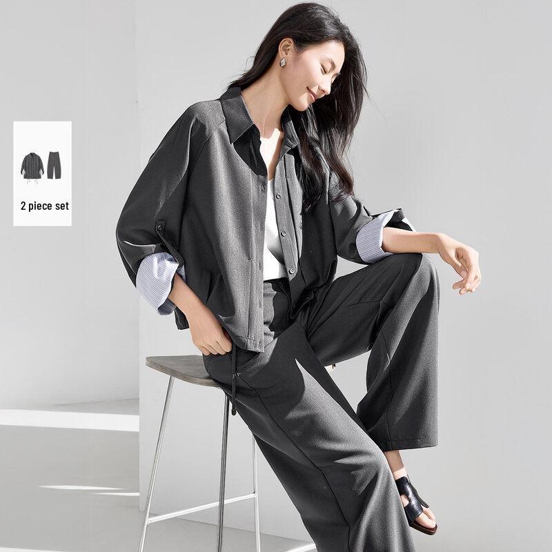 IHIMI Women s Old Money Style Shirt Jacket & Pants Set S