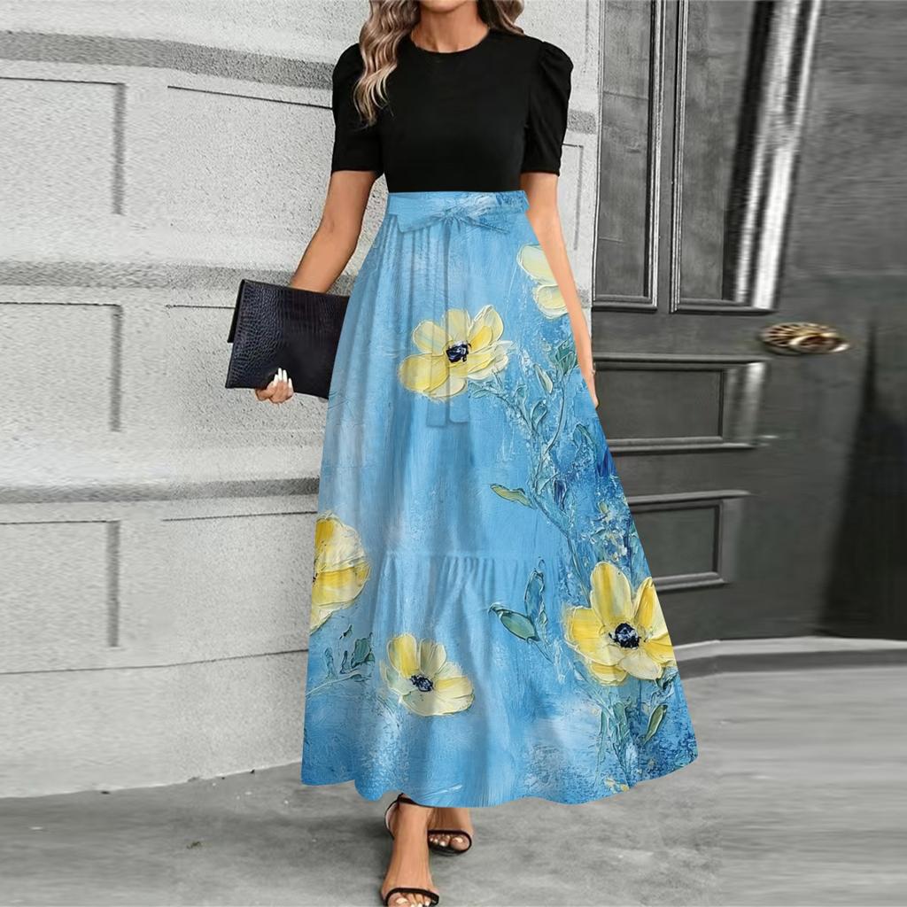Women's Fashionable Casual Belt Short Sleeved Round Neck Print Elegant Temperament Dress