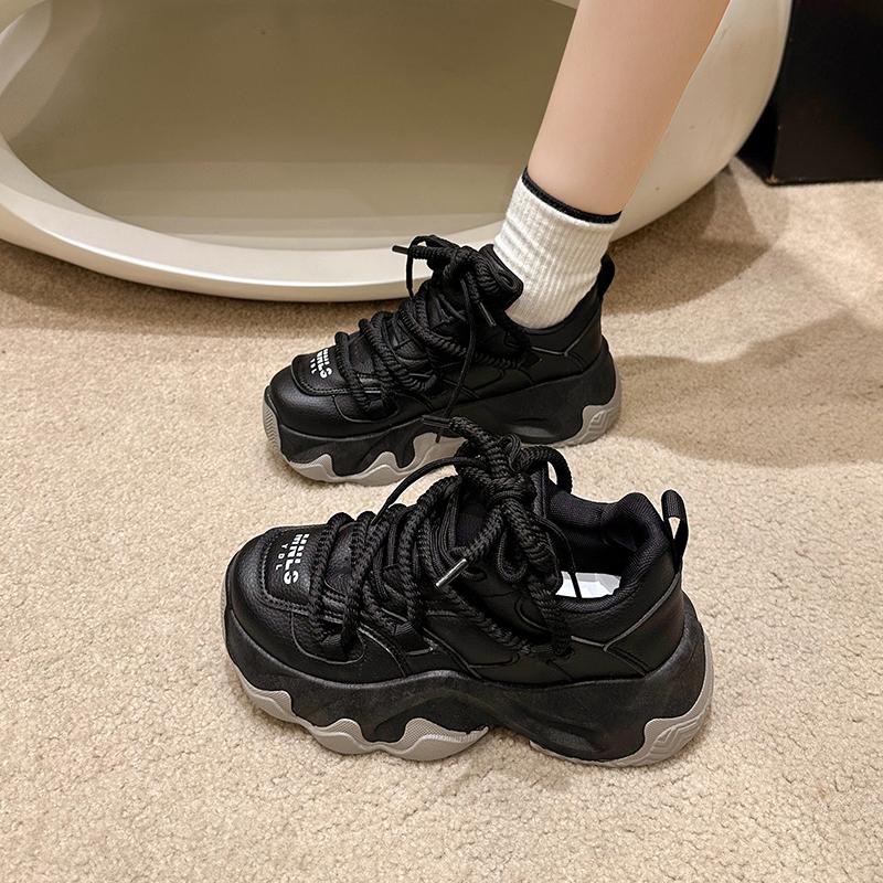 Black Women Chunky Leather Sneakers High Platform Ulzzang Sports Shoes New 2025 Spring Thick Bottom Women's Wedge Casual Shoes