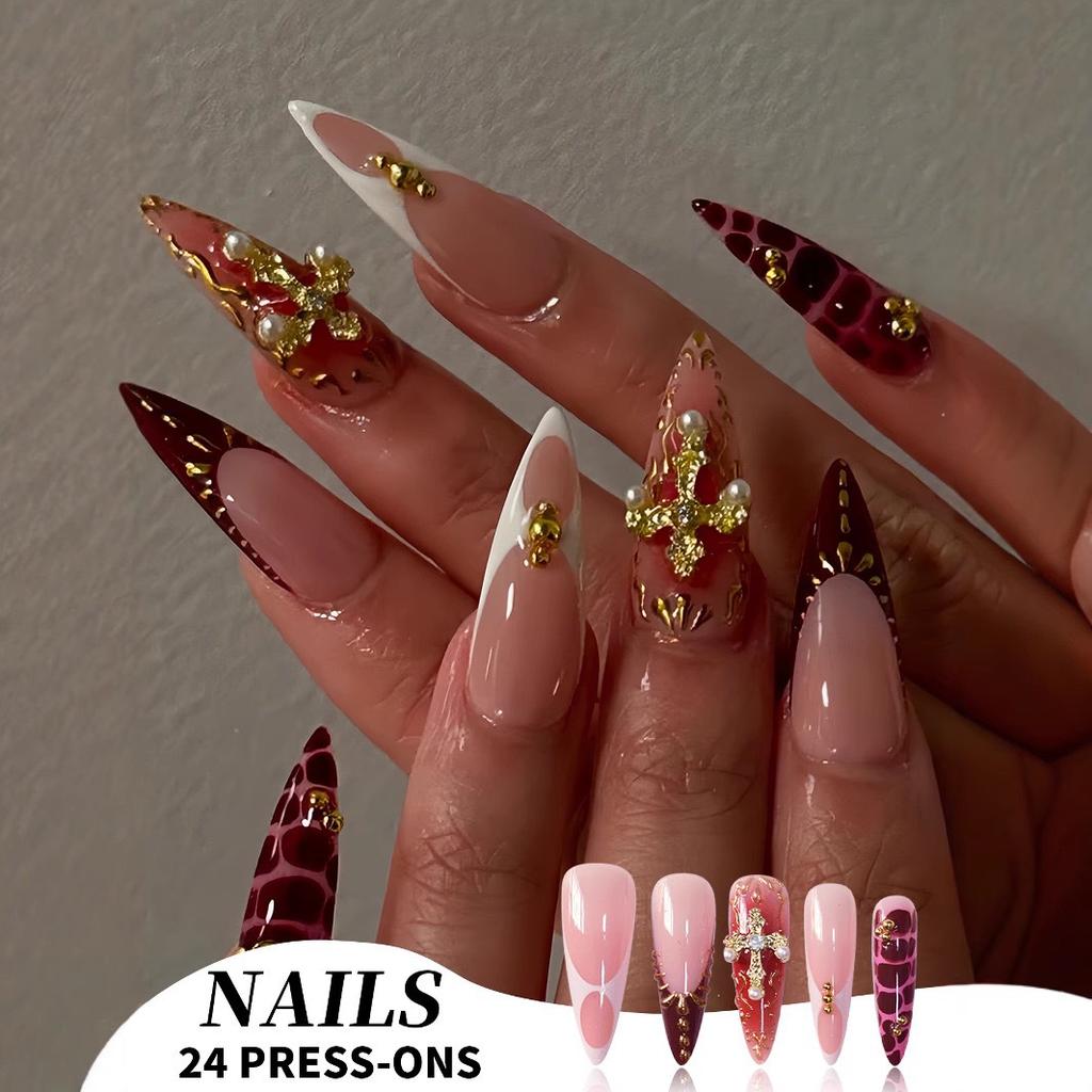 24Pc False Nails with Glue Almond Black Red Gradient Design Detachable Rhinestone Acrylic Fake Nail Long Stiletto Press on Nails