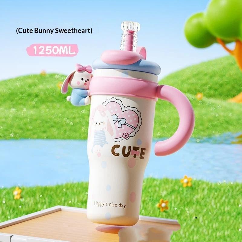 Large Capacity 1250ml Cute Cartoon Insulated Tumbler Straw Cup with Handle for Women Hiking Use