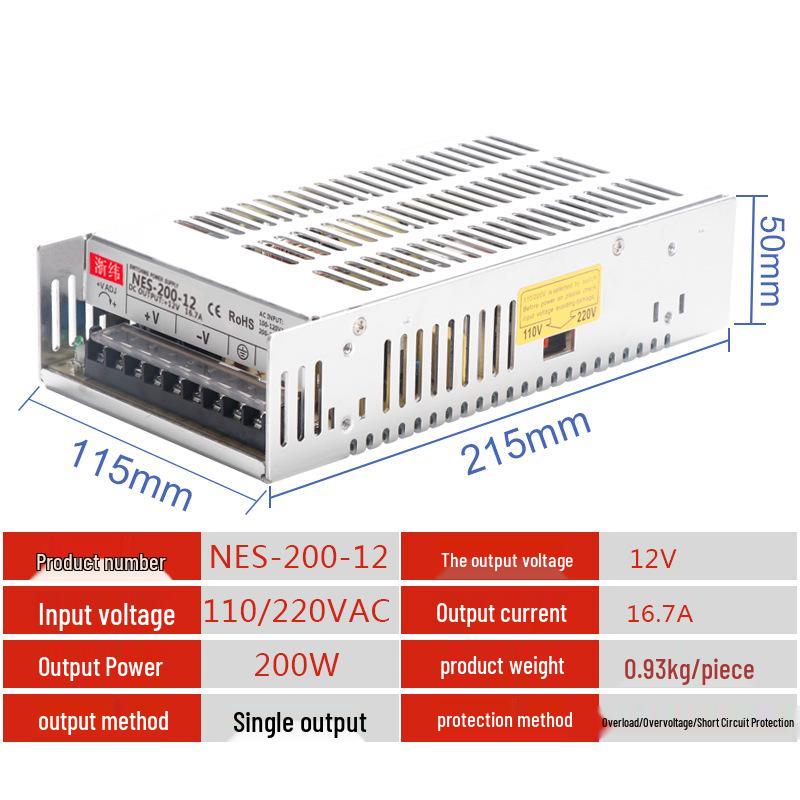 Zhewei LED Power Supply NES/LRS/S-200: 24V 8.5A, 12V 16.7A, 5V 40A, 48V Industrial Control Power Supply