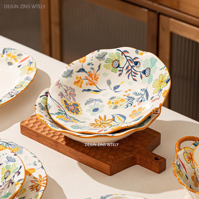 Flower Pattern Ceramic Plates Home Porcelain Tableware Exquisite Fruit Salad Plates Kitchen Accessories Dinner Plates and Dishes
