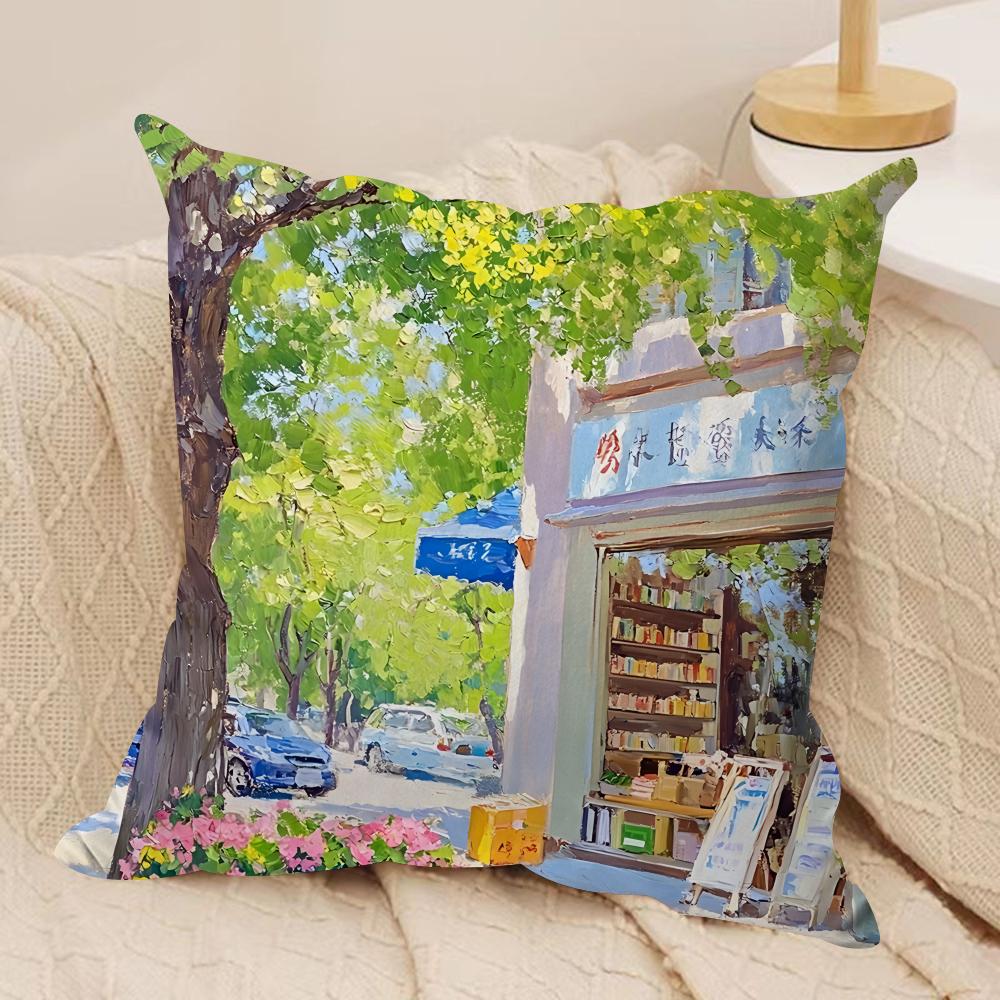 Street Leisure Oil Painting Cushion Cover Silky Short Plush Invisible Zipper Dustproof Sofa Pillow Case For Home Decor