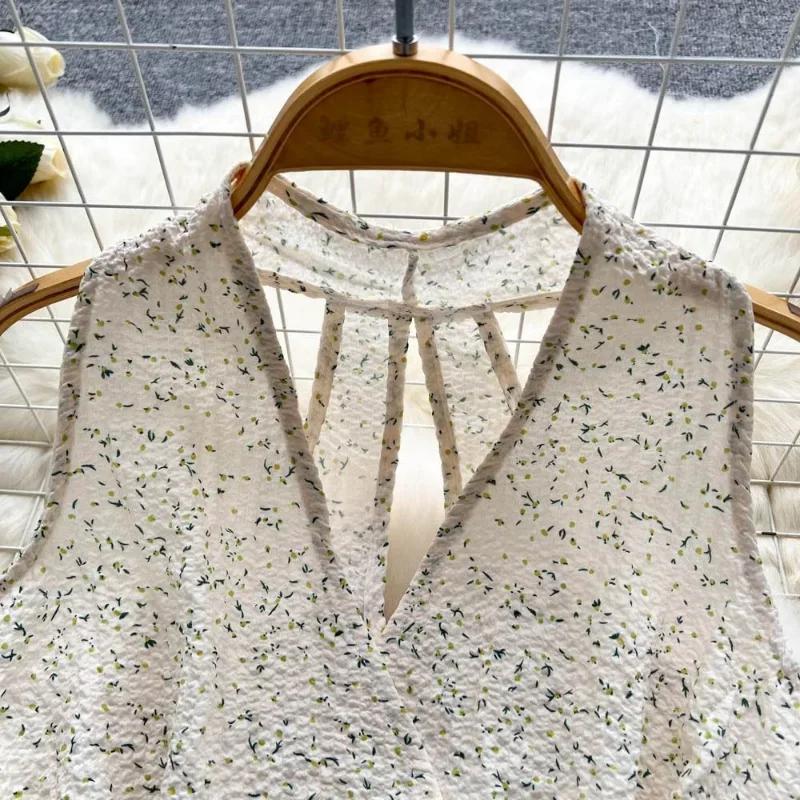 WTEMPO Fashion Green Floral Print Blouse Sleeveless Halter Shirt Lace Up Tops Tee Casual Summer Female Blusas Pullover Vests