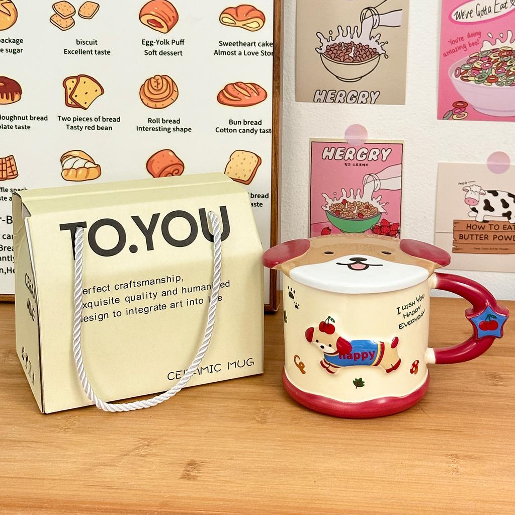 Smart Dachshund Dog Ceramic Cup Mug with Lid Student Water Cup Home Souvenir Birthday Gift Couple Cup