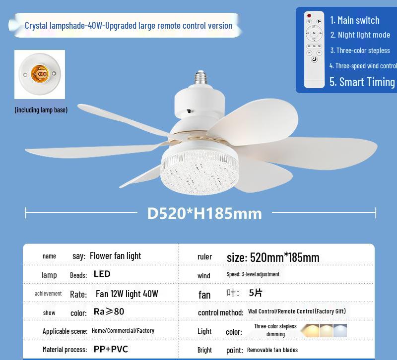 E27 Crystal Ceiling Fan Light with Remote Control - LED Six-Blade for Bedrooms