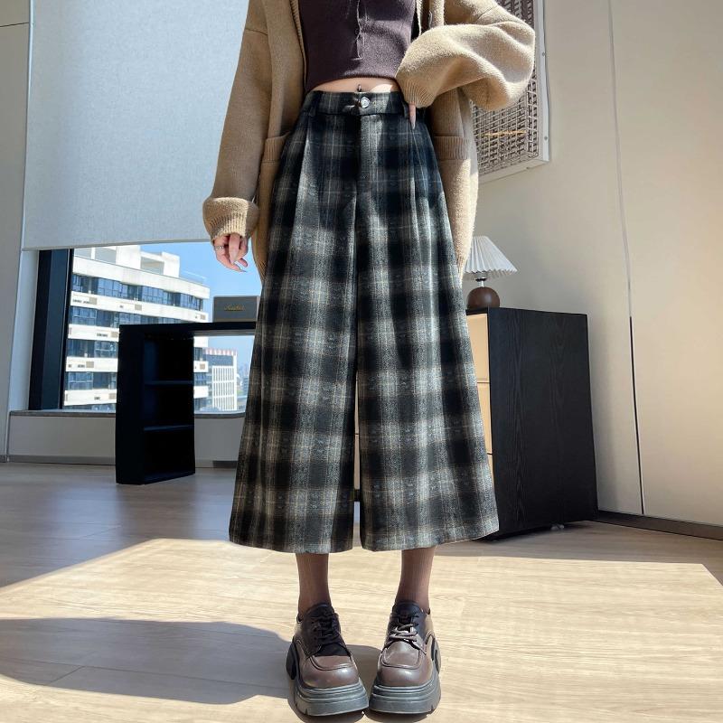 Pantaloni da donna in pile a quadri a gamba larga invernali casual dritti