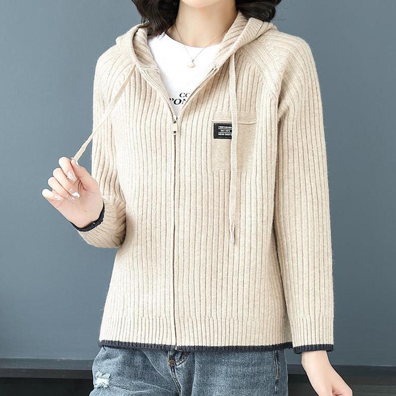 Толстовка женская весна и осень трикотажная толстовка с капюшоном короткая на молнии свитер кардиган бейсбольное пальто куртка M бежевый