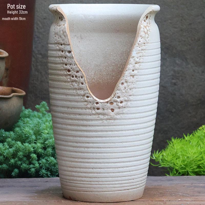 Large Handmade Coarse Pottery Succulent Flower Pot with Shallow Cut Opening