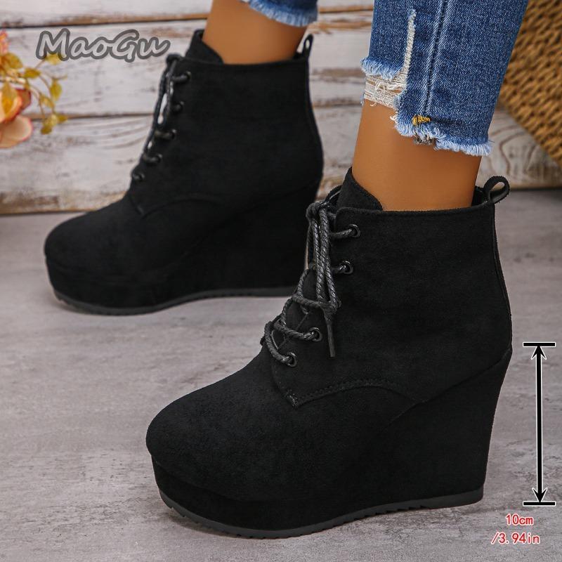 Bottines à lacets en daim pour femmes, bottines courtes à plateforme compensée, à talon, à semelle épaisse, chaussures décontractées, rehaussantes, pour femmes