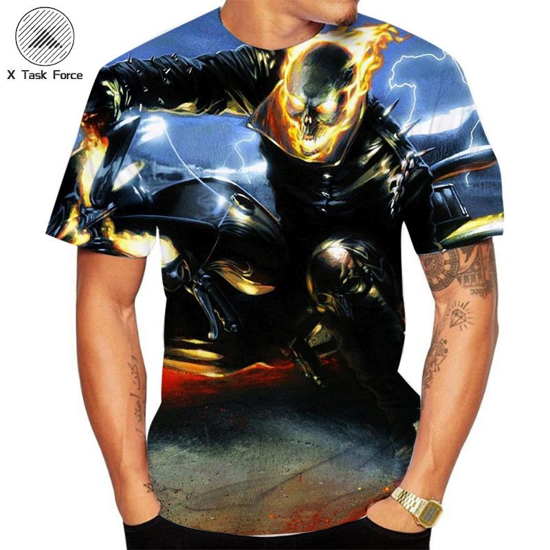 Sommer Rundhals 3D Flammen Totenkopf Print Top Modische Lässige Kurzarm Herren T-Shirts