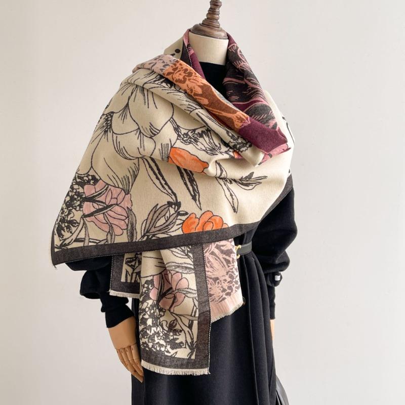 Double-sided contrasting color flower scarf women's high-end sense autumn and winter new printed warm thickened long shawl