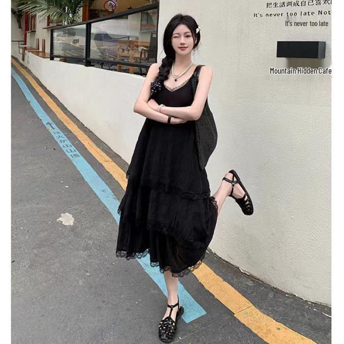 Women's Summer Chiffon Lace-Trim Spaghetti Strap Long Dress - Sweet, Waist-Cinching Style