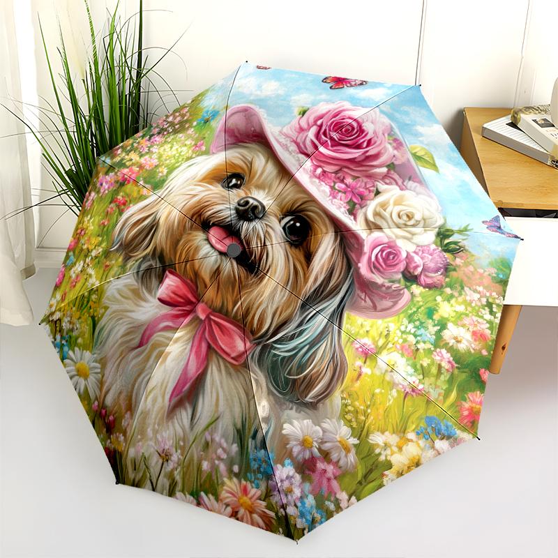 Muster mit Shih Tzu und Blumen, automatisch faltbarer Regenschirm, tragbares und faltbares Design, 8 Schirmstäbe, ein Weihnachts- oder Geburtstagsgeschenk.