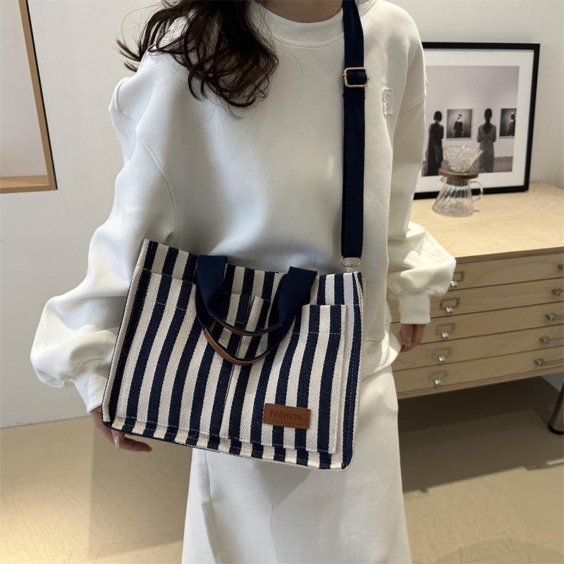Women Large Capacity Striped Commute Tote Bag Casual Shoulder Crossbody Handbag